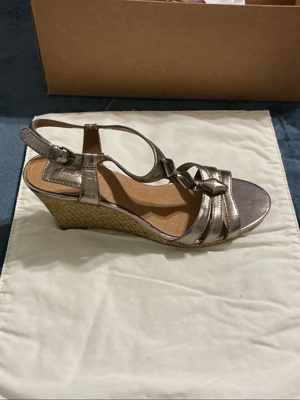 Clarks Metallic Pewter T-Strap Wedge Sandal with Geometric Accents
